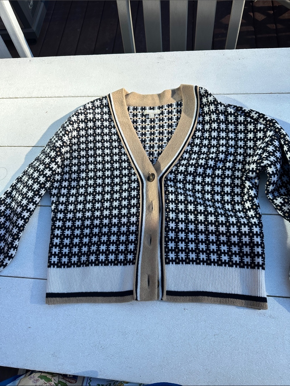 Barbour Black Cream Patterned V-Neck Cardigan with Tan Trim
